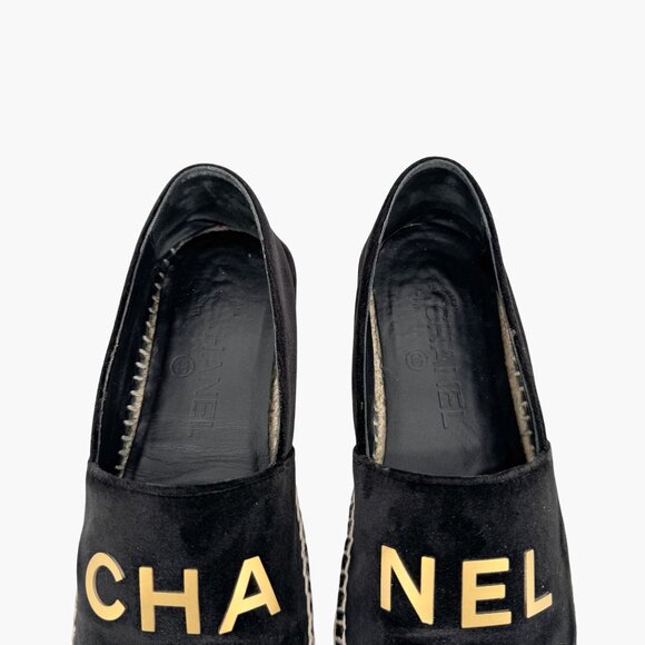 Chanel Logo Espadrilles EU 37 US 6-6.5 Black Velvet Rope Sole Slip On Flat Shoe - Picture 5 of 14